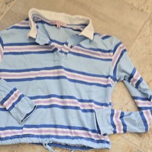 S Light Blue Long-Sleeve Striped Polo with Navy & Lavender Crop Cinch
